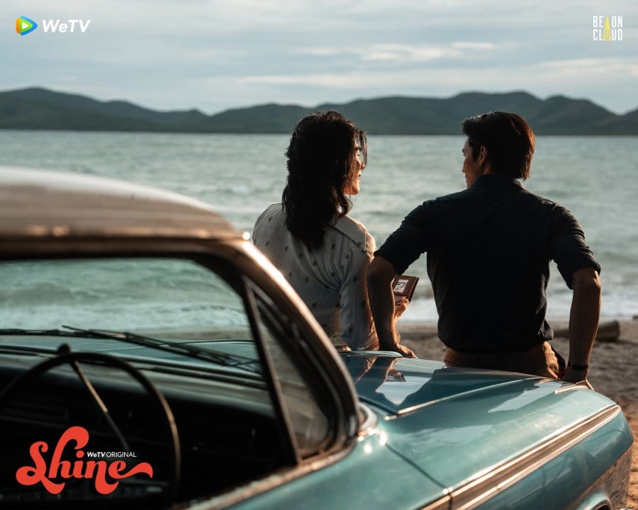 Shine: a 'revolutionary' thai bl series by BeOnCloud, photo of Trin and Tanwa leaning against a car with their backs facing the camera 